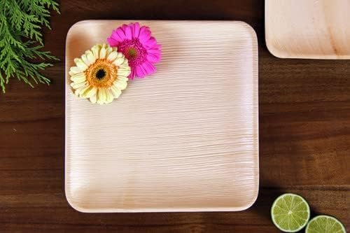 Eco-Friendly: Nisarga Eco Products Areca Leaf Square Plates with flowers on top, showcasing natural and renewable tableware.
