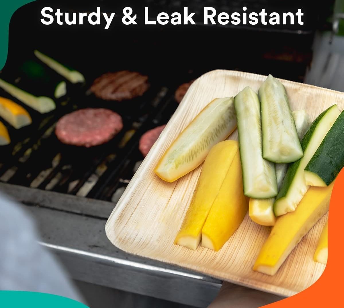 Eco-Friendly: Nisarga Eco Products Areca Leaf Square Plates holding fresh vegetables on a grill.