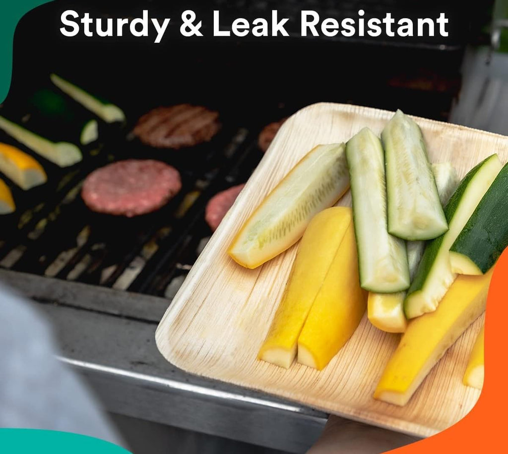 Eco-Friendly: Nisarga Eco Products Areca Leaf Square Plates with fresh vegetables on a grill.