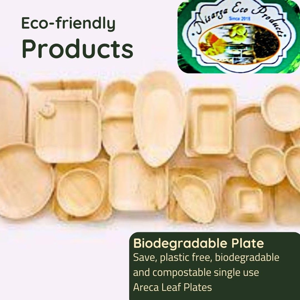 Eco-Friendly: Nisarga Eco Products Areca Leaf Square Plates stacked in a variety of shapes, showcasing their biodegradable material.