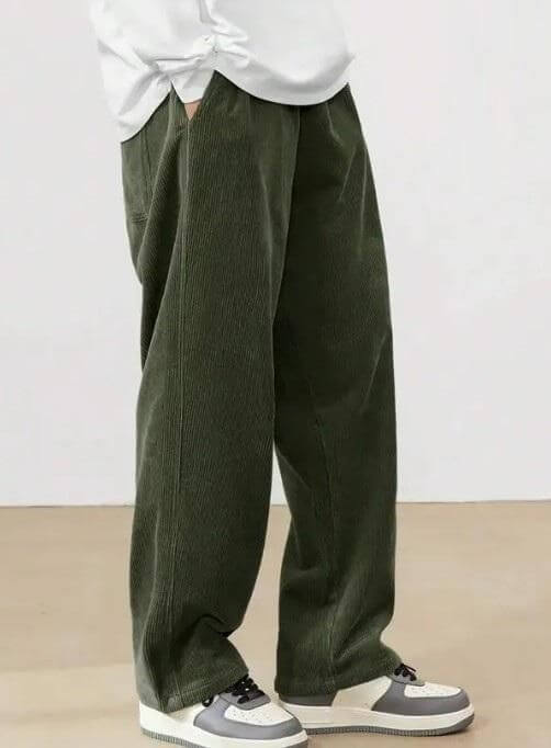 Men's Dark Green Loose Fit Corduroy Cargo Style Trouser