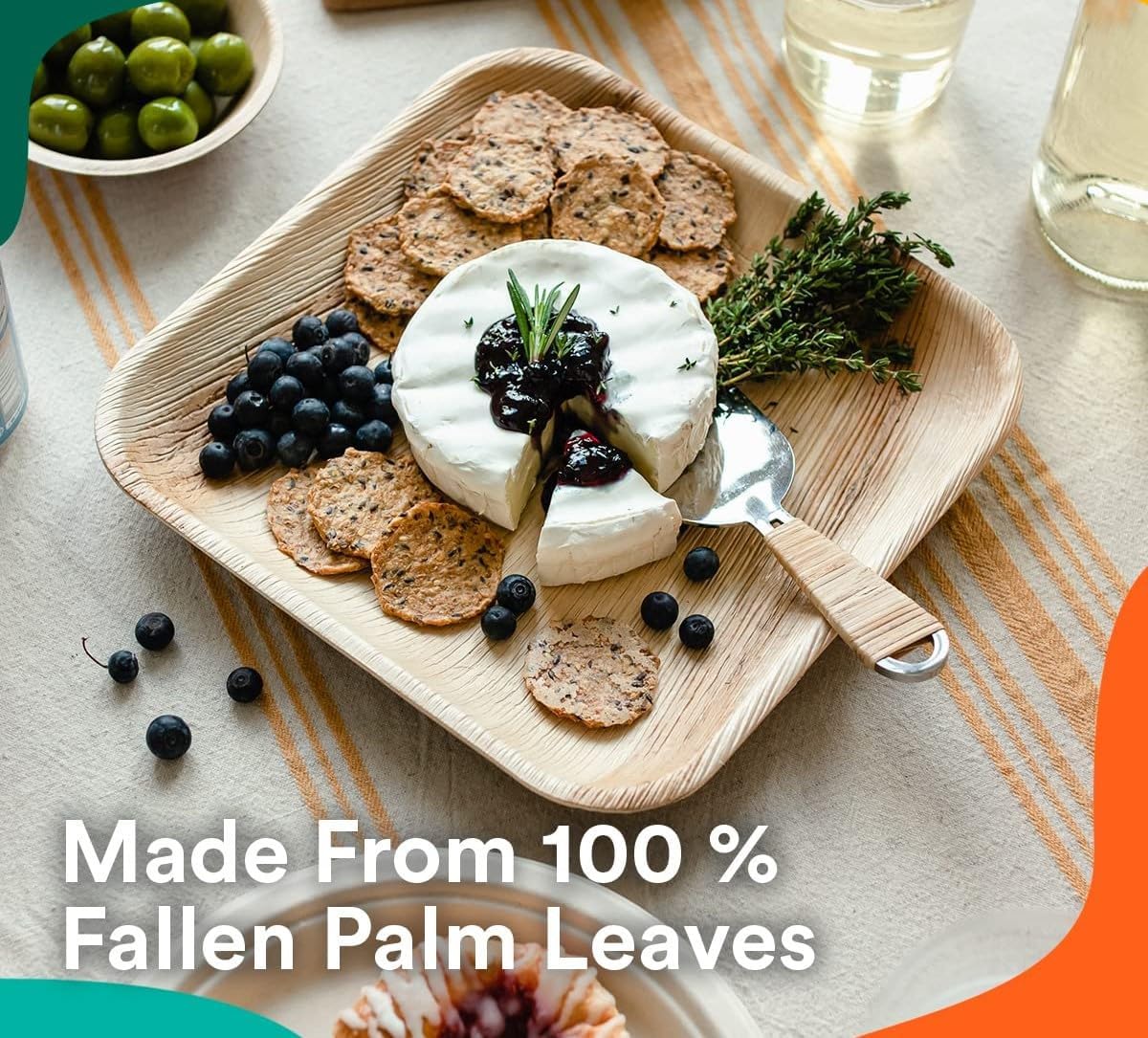 Eco-Friendly: Nisarga Eco Products Areca Leaf Square Plates with cheese, crackers, and berries on a table.