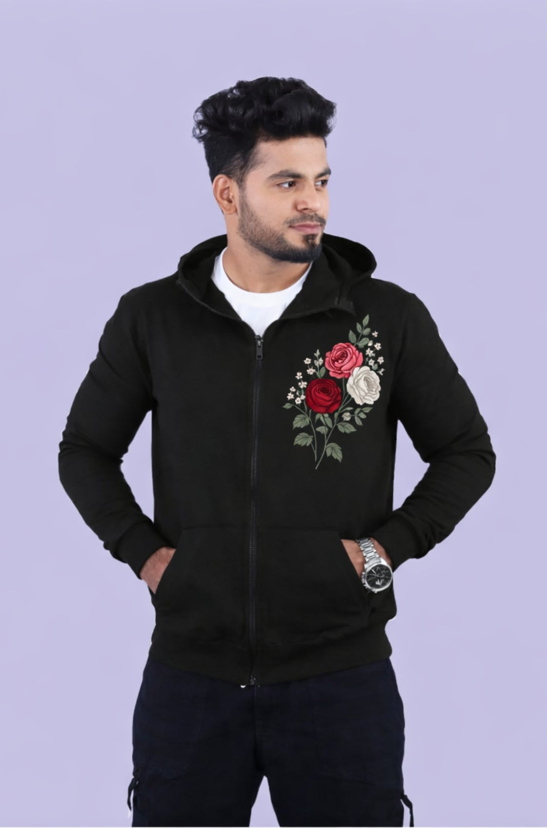 Nisarga's Unisex Black Cotton Hoodie with Zipper 300GSM